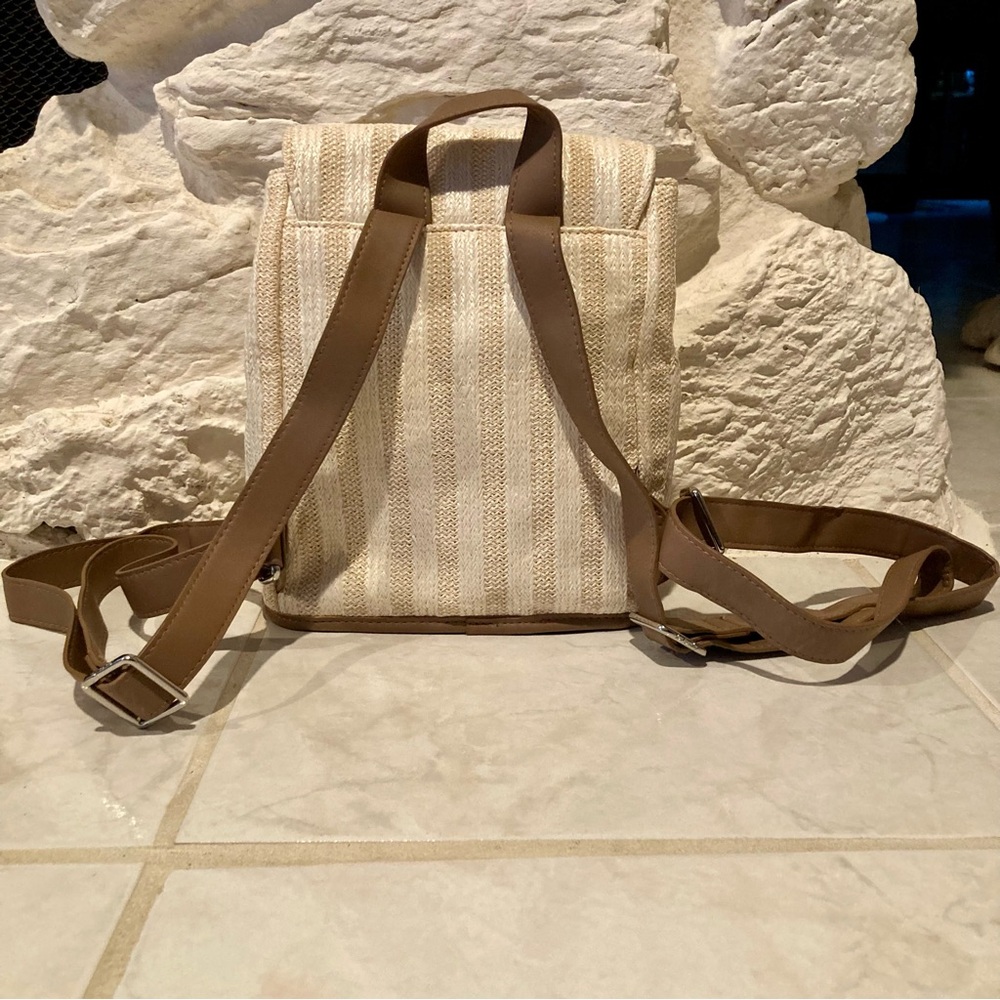 Vera Bradley Cream Striped Canvas Backpack with Navy Anchor Embroidery - Picture 6 of 16